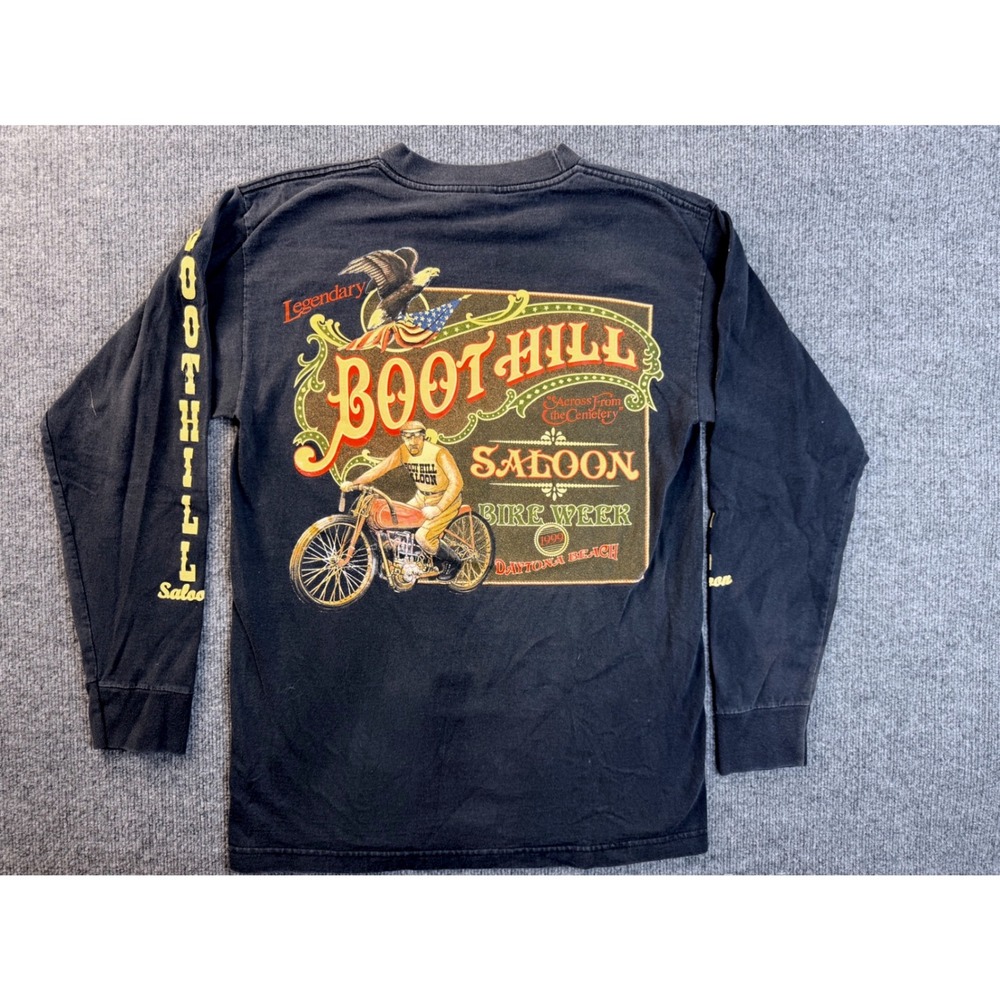 Vintage 1999 Boot Hill Saloon Bike Week T-Shirt Mens L Black Long Sleeve Stained